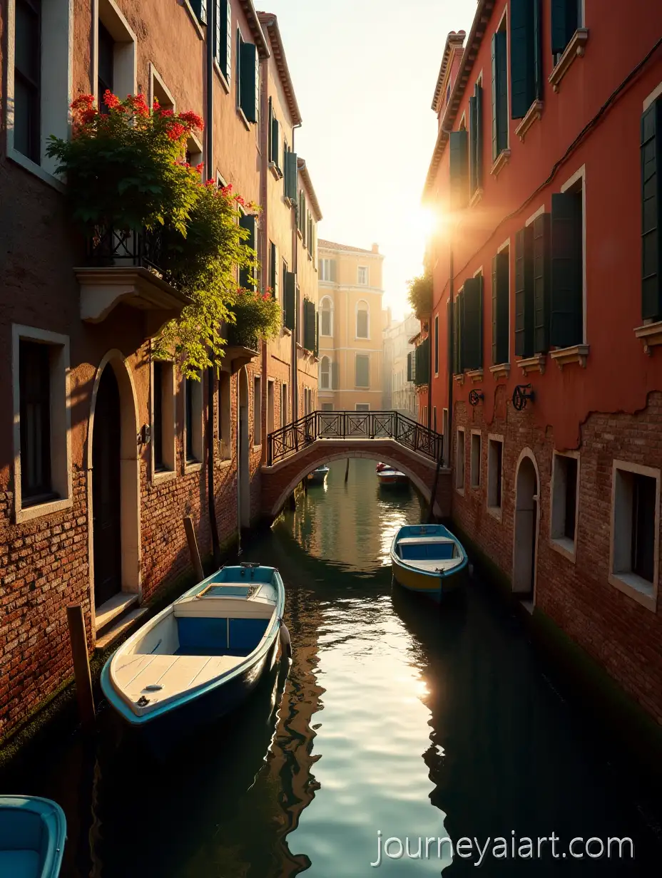 Venetian-Canal-at-Sunset-with-Boats-and-Reflections
