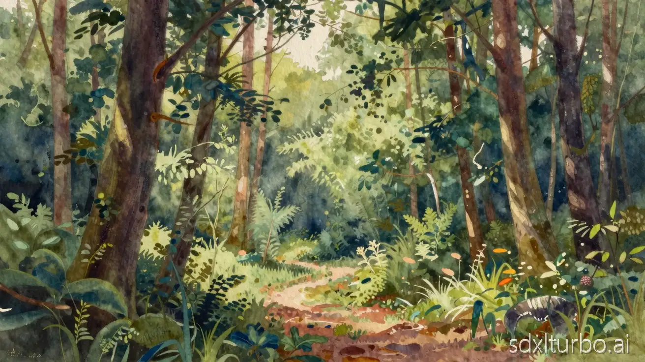 Professionak museum high-quality art inwatercolor style of forest landscape, soft light, full-length focus, vibrant colors,  old style textured fabric