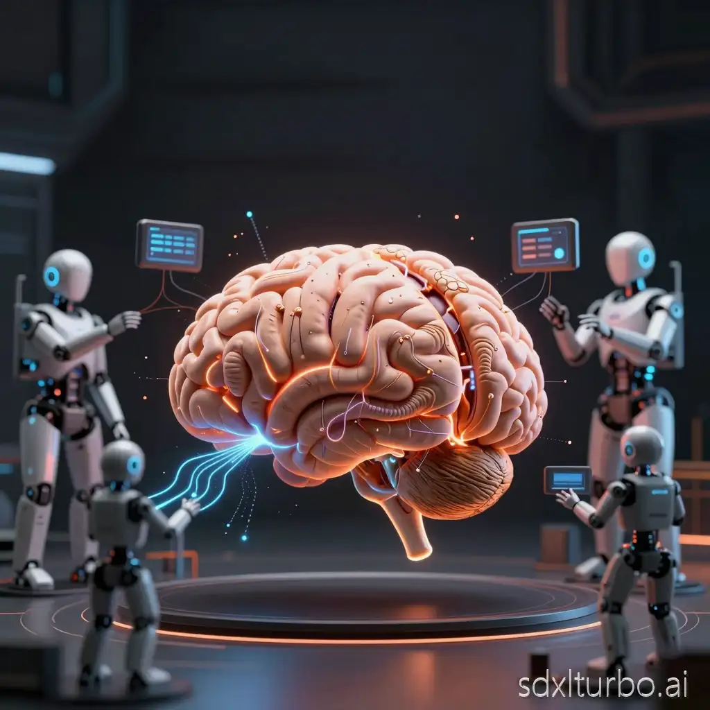 A cinematic, ultra-high-resolution 3D render of an abstract walnut-shaped intelligence core, inspired by neural structures but not a human brain. The walnut core floats in a dark futuristic neural workspace, with subtle glowing synapses and data streams flowing through it. Surrounding the core are multiple sleek robotic AI agents and autonomous modules collaborating, analyzing, and transmitting signals — representing gap detection, reasoning, and automation.
The environment feels like a premium AI command center: minimal, elegant, dark background, soft volumetric lighting, neon orange and electric blue accents, fine particle effects, depth of field, global illumination.
Style: ultra-realistic, cinematic, product-launch quality, similar to high-end automotive or Apple event visuals.
Composition optimized for a SaaS website hero background with negative space for text.
No text, no logos, no humans, no cars.