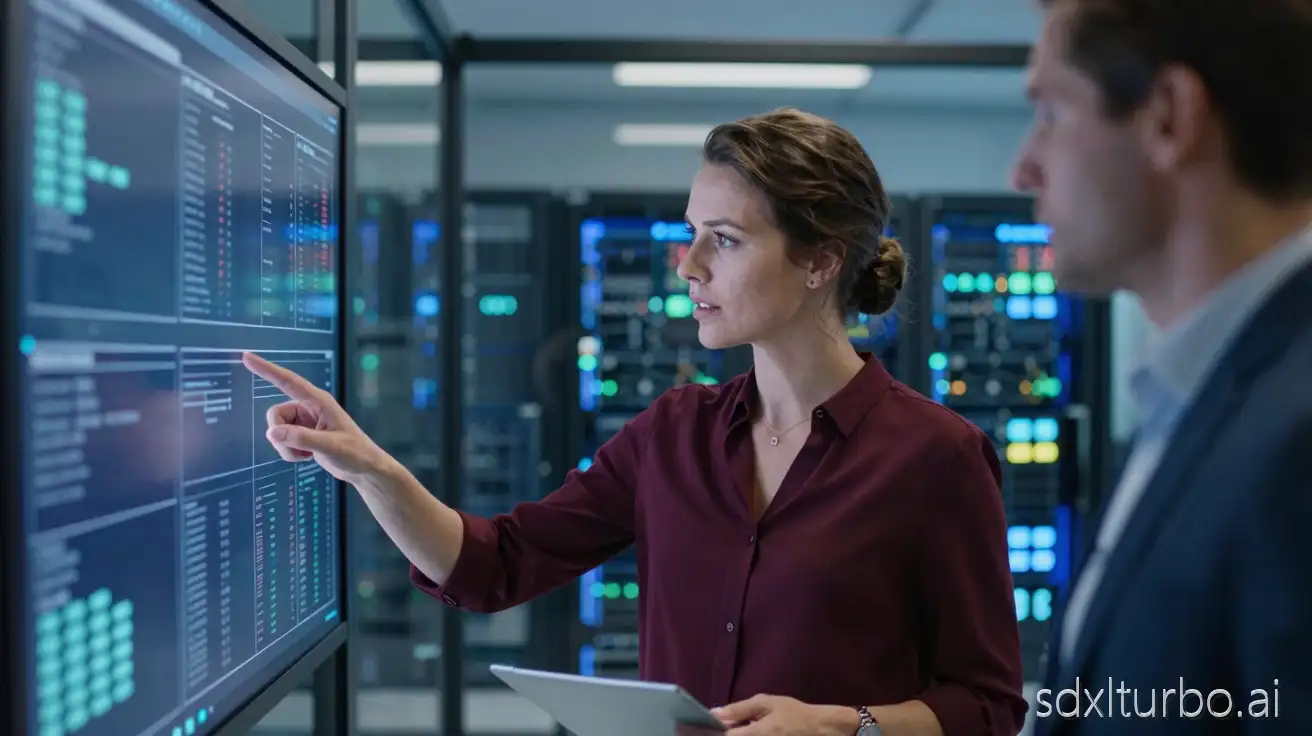 A cinematic photorealistic scene of a European female technology professional wearing a maroon red shirt, discussing data with a colleague while pointing at a large digital screen inside a modern data center, glass walls, blue ambient lighting, server racks glowing softly, shallow depth of field, corporate realism, same character, consistent face, ultra high resolution 8K, true 8K quality, HD professional photography, extremely sharp focus, crystal clear details, high dynamic range (HDR), cinematic lighting, realistic texture, no blur, no noise.
