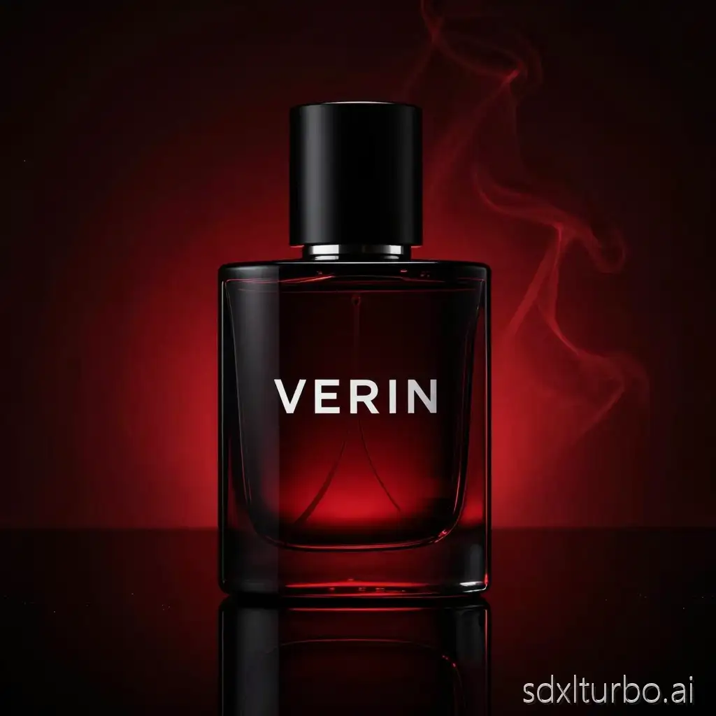 luxury black glass perfume bottle centered in frame, brand name "VERIN" physically printed on the front glass using realistic white silk-screen printing, subtle reflection on printed letters, slight curvature distortion following the bottle surface, typography fully integrated into the glass material,  deep black studio background, dramatic deep crimson red backlight behind the bottle, subtle red rim lighting outlining both edges, high contrast cinematic lighting, strong shadows, minimal front light, reflective dark surface under bottle, volumetric red smoke softly rising behind the product, mysterious and seductive atmosphere, premium perfume commercial photography, ultra realistic, 8k detail