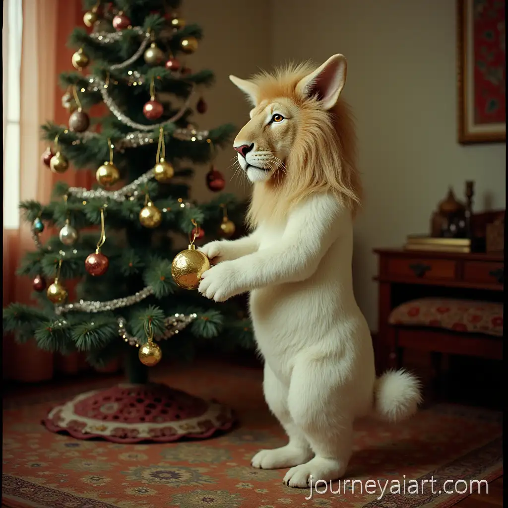 LionHeaded-Rabbit-Decorating-Christmas-Tree-in-Cozy-1970s-Soviet-Apartment