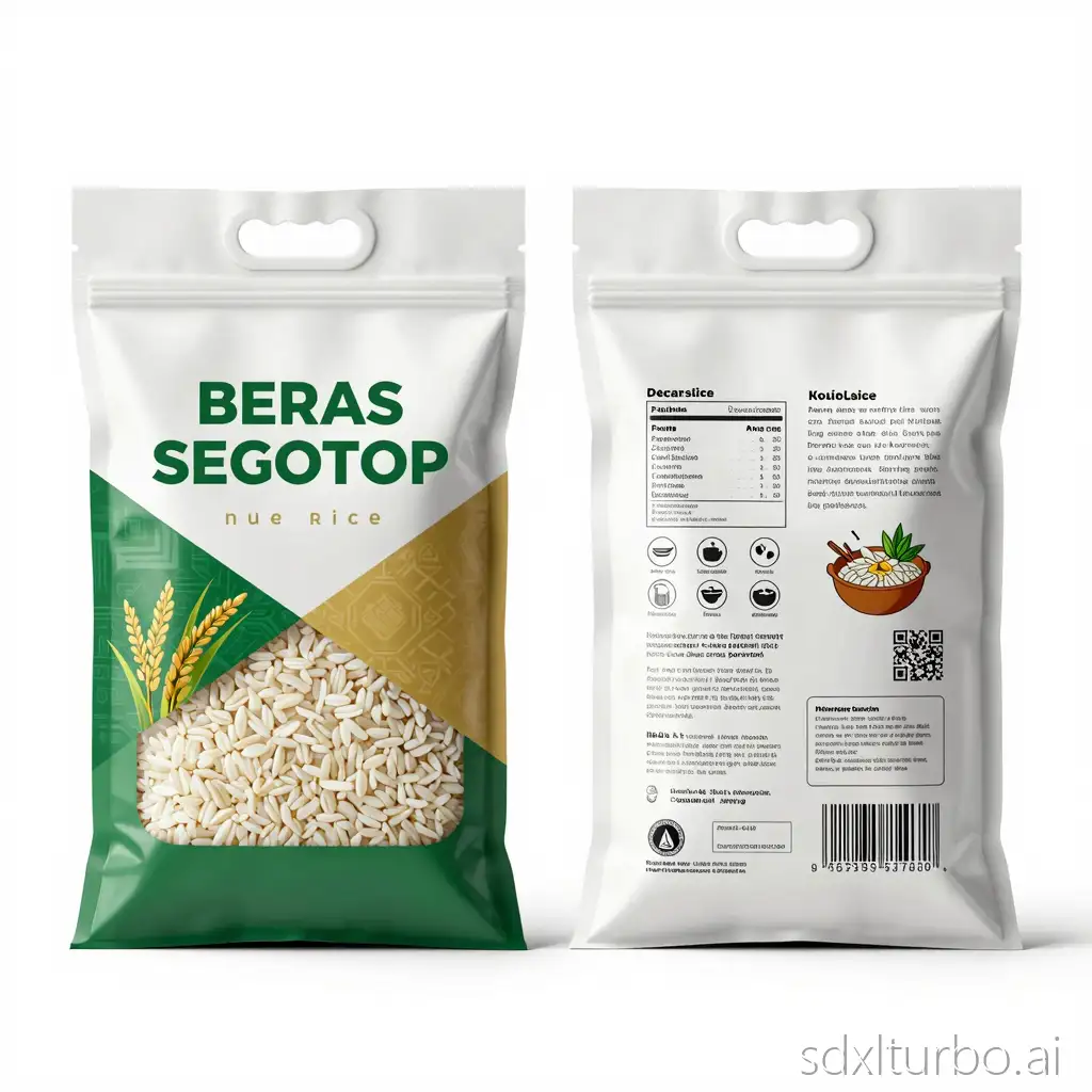 Two complete rice packaging views side by side: front and back, same product, equal size
Ultra realistic professional premium rice packaging, 
two views side by side: front and back, same product, equal size, retail-ready,
brand name: "BERAS SEGOTOP", large, clear, bold, no distortion,
front design: minimalist modern style, white background, green and gold accents, geometric layout, transparent rice window showing real rice grains, rice plant illustration, subtle Javanese pattern, matte bio-plastic pouch with handle,
back design: clean organized layout, nutrition facts, product description (pure rice, no bleach, no preservatives), cooking instruction icons, traditional Javanese serving suggestion illustration, QR code area, halal and legal permit placeholders, barcode, net weight info,
high resolution, sharp focus, realistic texture, professional product mockup