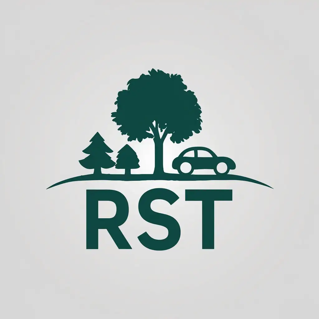 a vector logo design,with the text "RST", main symbol:Tree, Khrushchyovka, car,Minimalistic,be used in Computer games industry,clear background