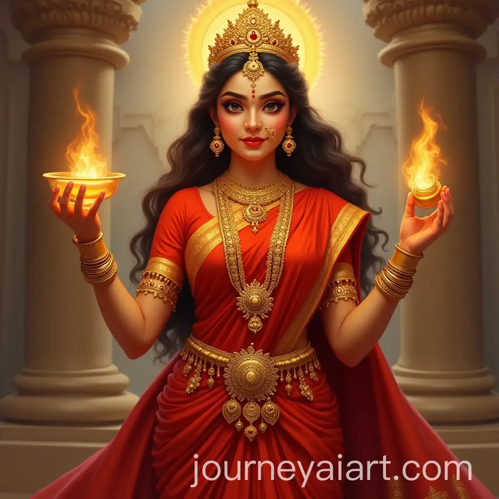 Devi-Laxmi-in-Red-Saree-Holding-Kalsash-of-Gold-Coins