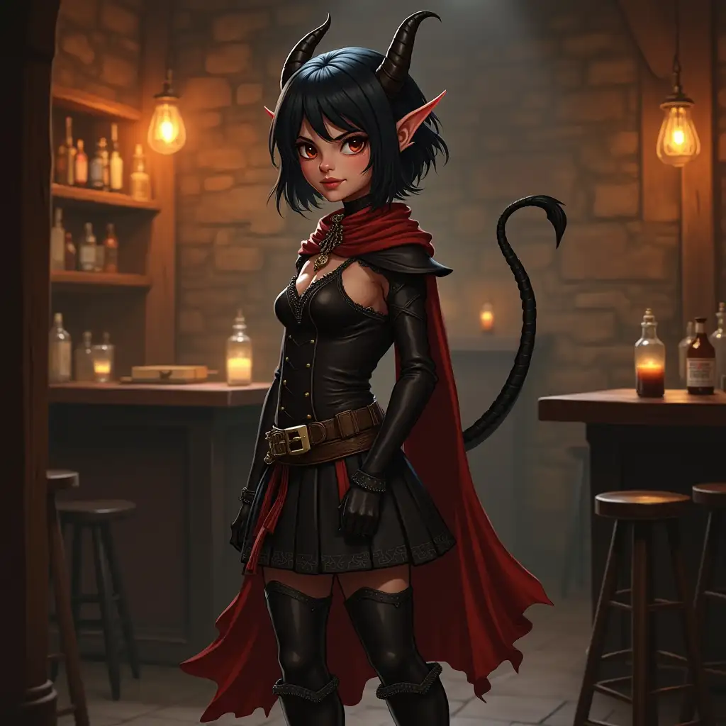 Tiefling girl, short black hair, Pointed ears, devil's tail, short horns on her head, Fantasy costume, boots on her feet, In the fantasy tavern, Dungeons & Dragons