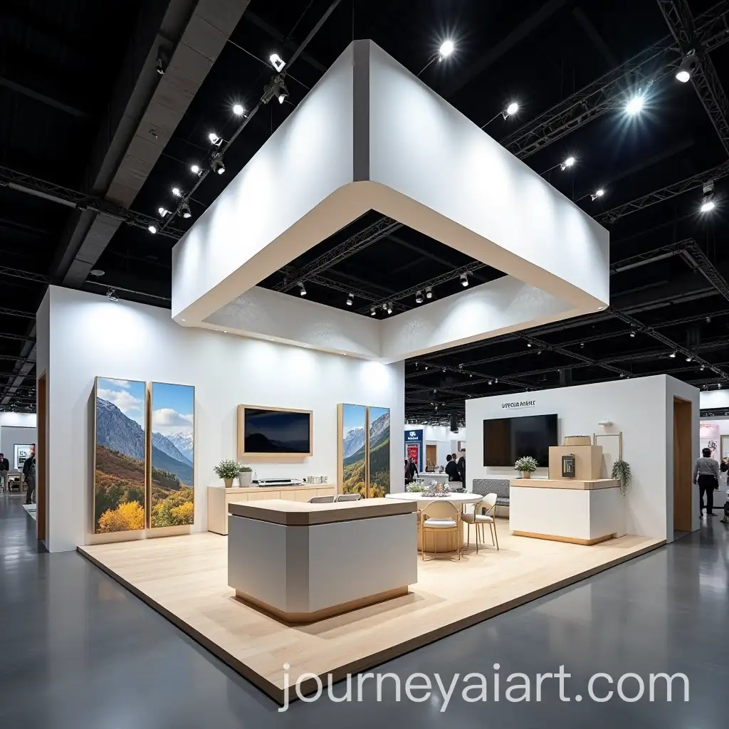 Corporate-Exhibition-Booth-with-Grand-Hanging-Structure-and-Multiple-CounAI-Art-Prompt-Expansionters