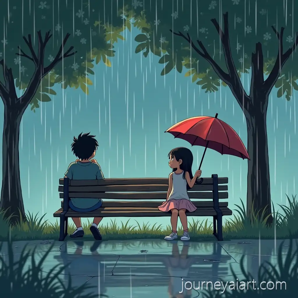 Young-Girl-Holding-Umbrella-Over-Boy-on-Park-Bench-in-Light-Rain-Comic-Scene
