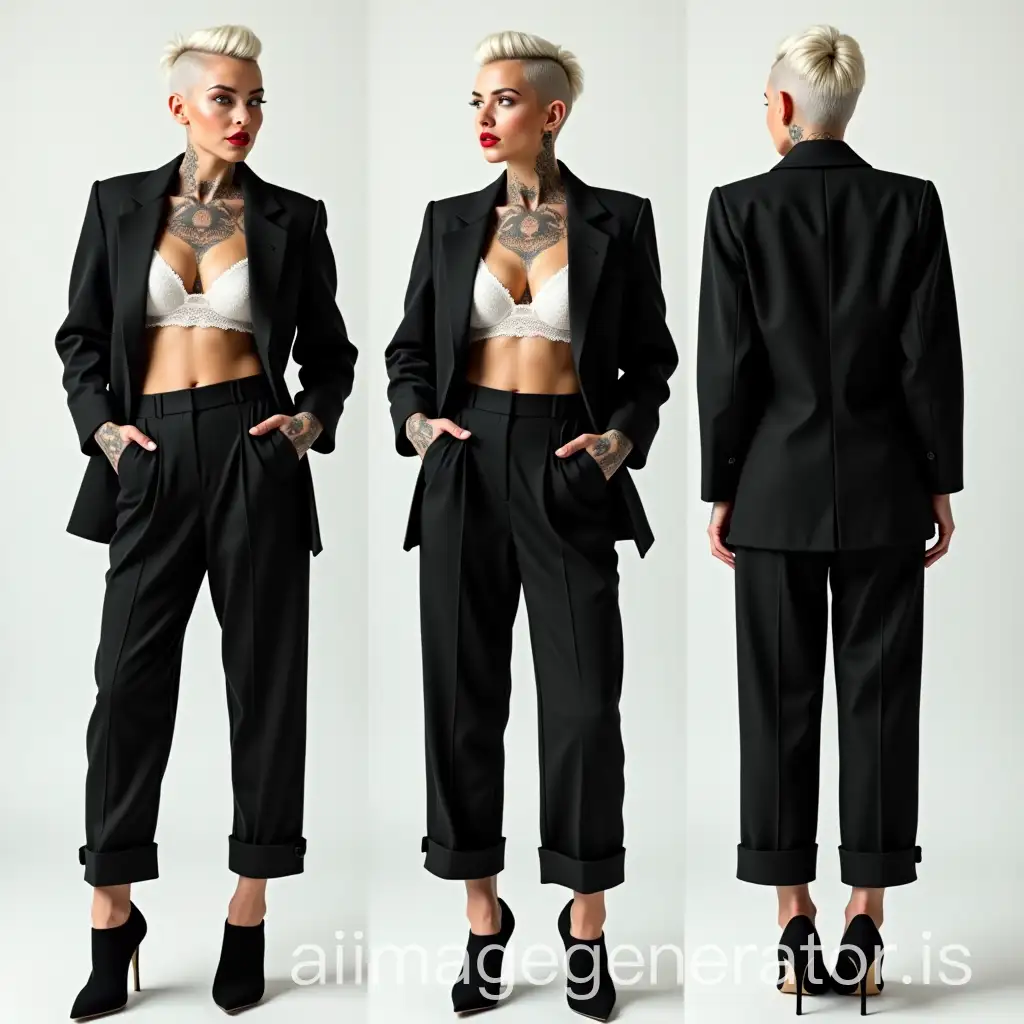 A full-body shot of a stylish tattoed woman standing confidently in three dynamic poses, highlighting her sophisticated outfit. She wears a black tuxedo jacket with sharp lapels, a crisp white lace top bra with padding, cummerbund, and tailored pants rolled at the ankles. The look is completed with black high heels shoes. Her bold side-shaved short platinum-blonde hairstyle and sultry expression emphasize her modern, edgy sophistication against a plain background