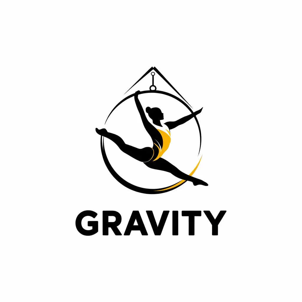 LOGO-Design-For-Gravity-Gymnast-on-Trapeze-Ring-in-Yellow-Black-for-Sports-Fitness-Industry