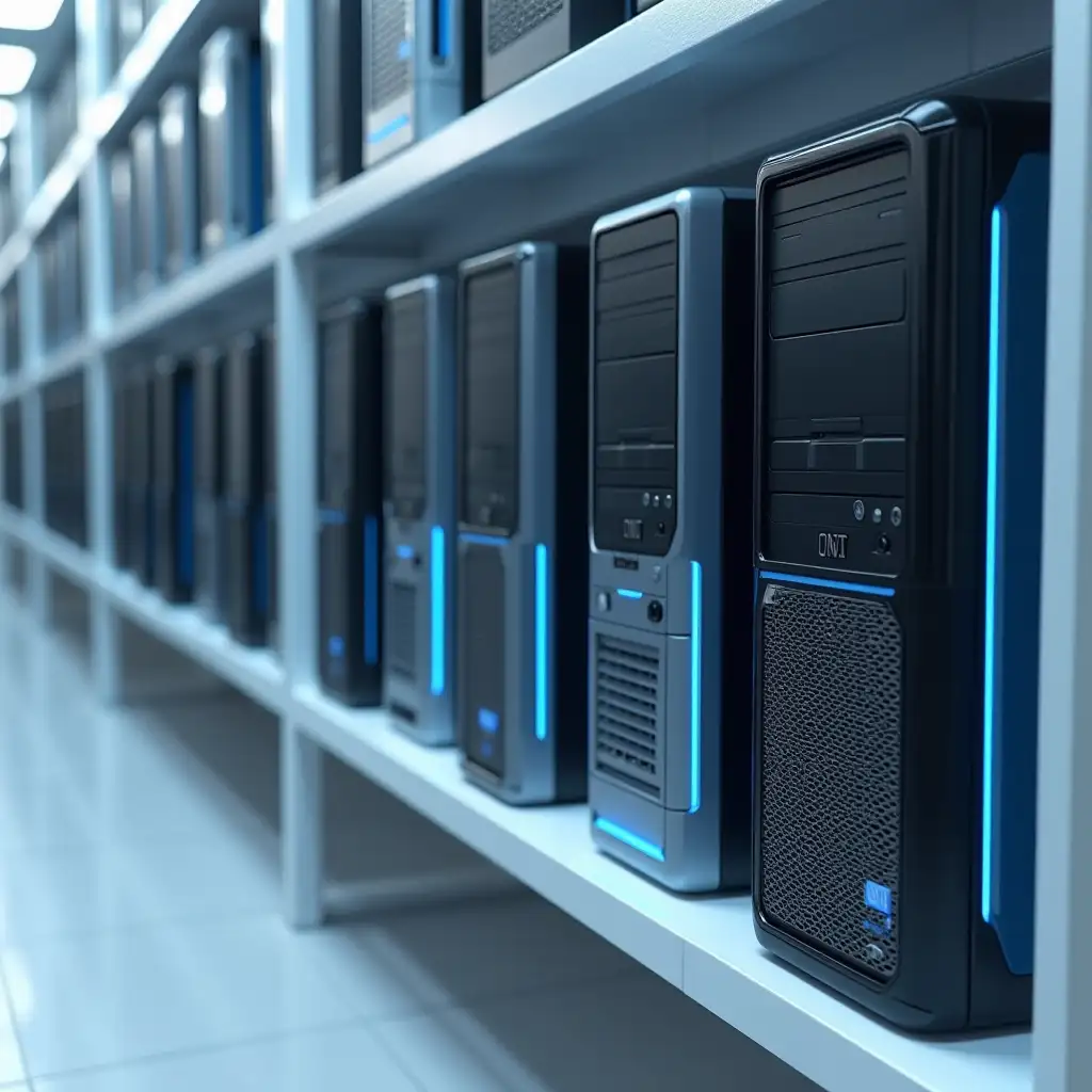 Create an image of a row of desktop computers, lined up on a shelf. Change the color of the computers to silver and blue instead of black. Change their shape to have more rounded edges and an elegant design. Remove all logos and brand labels and highlight some decorative elements instead, such as LED lights on the front panels. Leave the shelves and floor covering in a neutral light color, to create a modern image.