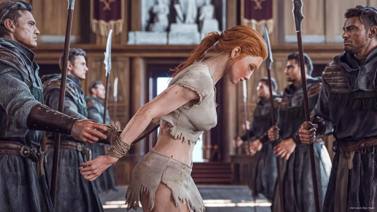 scene from Lord of the Rings, photorealistic  full body profile view from the side of a shapely, toned, slender but well endowed young ginger woman in a stained ragged simple white tunic,  exceptionally beautiful, she's tired and defeated, her hands are tied, head bowed, she is dragged through the great hall of Edoras by tall rohirrim guards by her side, each holding one of her arms and with a spear in their other hand hand, looking stern, the ginger woman has natural pale ginger complexion, muscular freckled arms, no freckles in her face, cascading curly hair reaching down to the ground, thin face, very busty, hourglass figure, pale ginger eyebrows, no make up, background imposing wooden hall, sculptures and banners on the wall, light shining in from a distant doorway, a crowd of sombre rohirrim on each side of the middle path photographic realism, natural proportions, celtic, anglo saxon, mythical