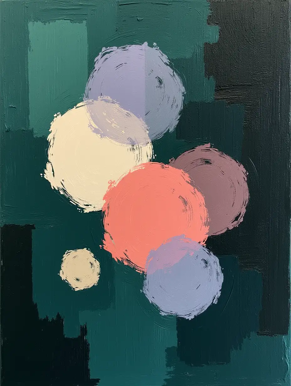 Create an abstract painting with a rugged background of textured deep green and black brushstrokes, overlaid with pastel lavender, soft coral, and pale yellow irregular polygonal shapes. Use soft glow effects around the shapes to make them stand out.