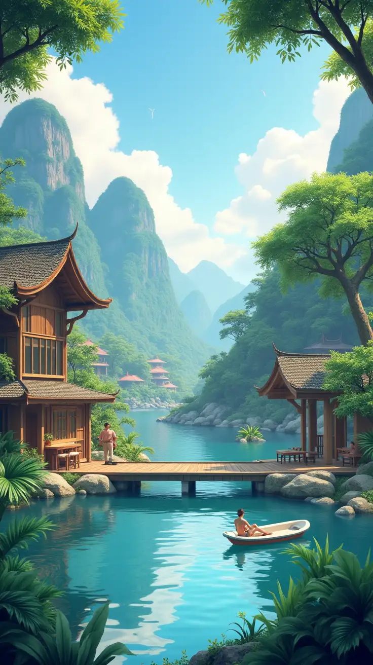 Application interface design, digital village, smart tourism, welcome page, China Hainan, tropical atmosphere, technology enabled