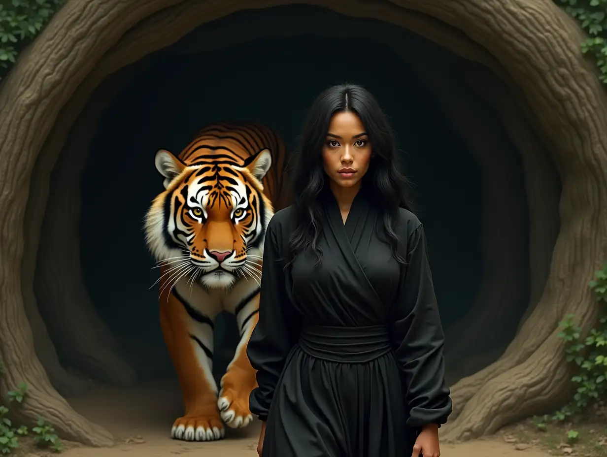 A woman, with long, black hair, brown eyes, an oval-shaped face, yellow-skinned, wearing a ninja outfit, black, together with a giant tiger, enters a cave, in an old forest, Surrounded by big trees, early morning light.