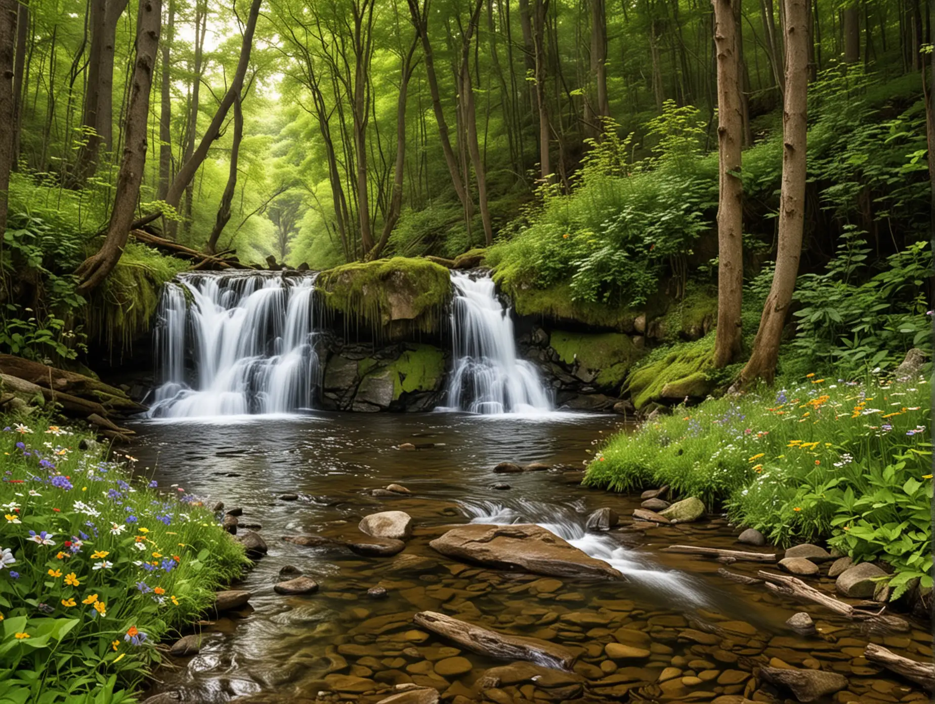 Tranquil-Forest-Stream-with-Wildflowers-Serene-Nature-Relaxation-Scene