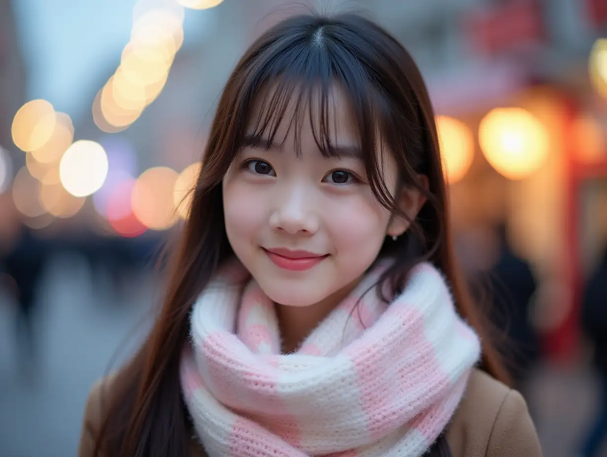 A Japanese beautiful girl with long, straight hair is wearing a white and pink checkered scarf. Soft oval face, bright detailed eyes, cute smile. super soft focus. The background features blurred lights, indicating an outdoor setting, possibly in the evening or in a cityscape. The scarf's pattern and the lighting add visual interest to the image, creating a cozy and stylish atmosphere.