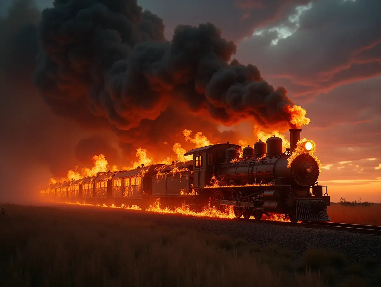 Train four couches highly burning and black clouds surrounded