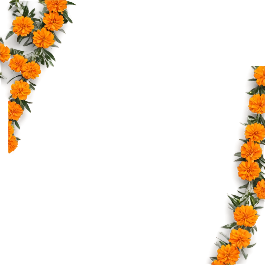 Orange-Marigold-Flower-Garland-with-Green-Leaves-in-Straight-Line-PNG-Perfect-for-Decorative-Designs-and-Digital-Art