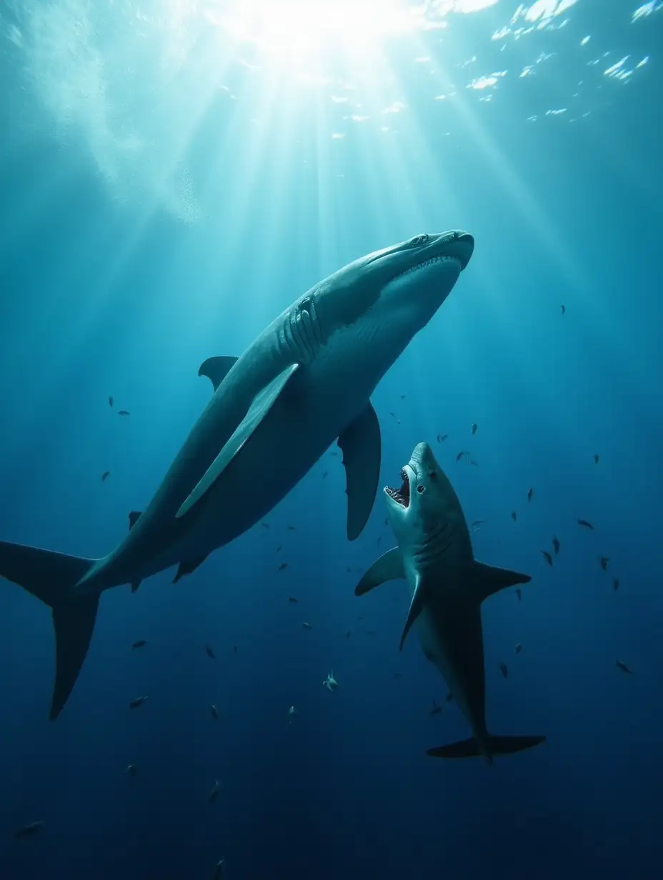 A thrilling underwater battle between a massive blue whale and a fierce great white shark. The blue whale uses its sheer size and powerful tail to defend itself, while the shark lunges aggressively with sharp teeth and swift movements. The ocean is alive with tension, as sunlight cuts through the deep water, illuminating the dramatic struggle. Schools of fish scatter in fear, adding to the intensity of the scene.