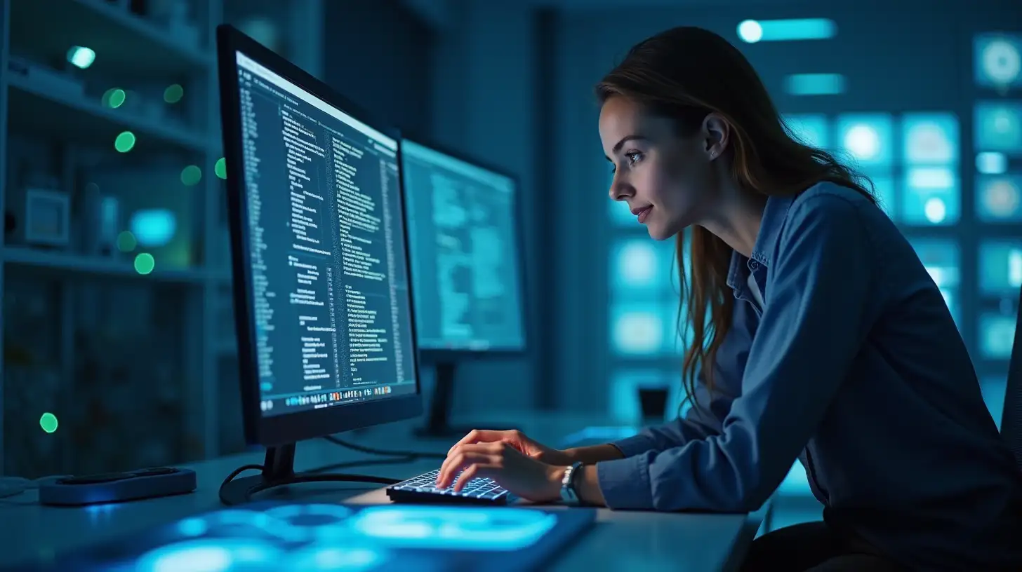 Futuristic Woman Engaged with Advanced Technology on Computer Screen