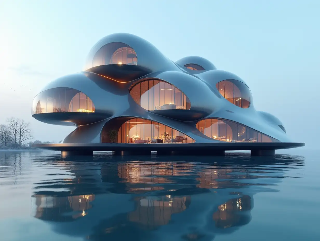 A futuristic multi-story house made of many hollow lit glass spheres and black wood from lies on the clear sky water