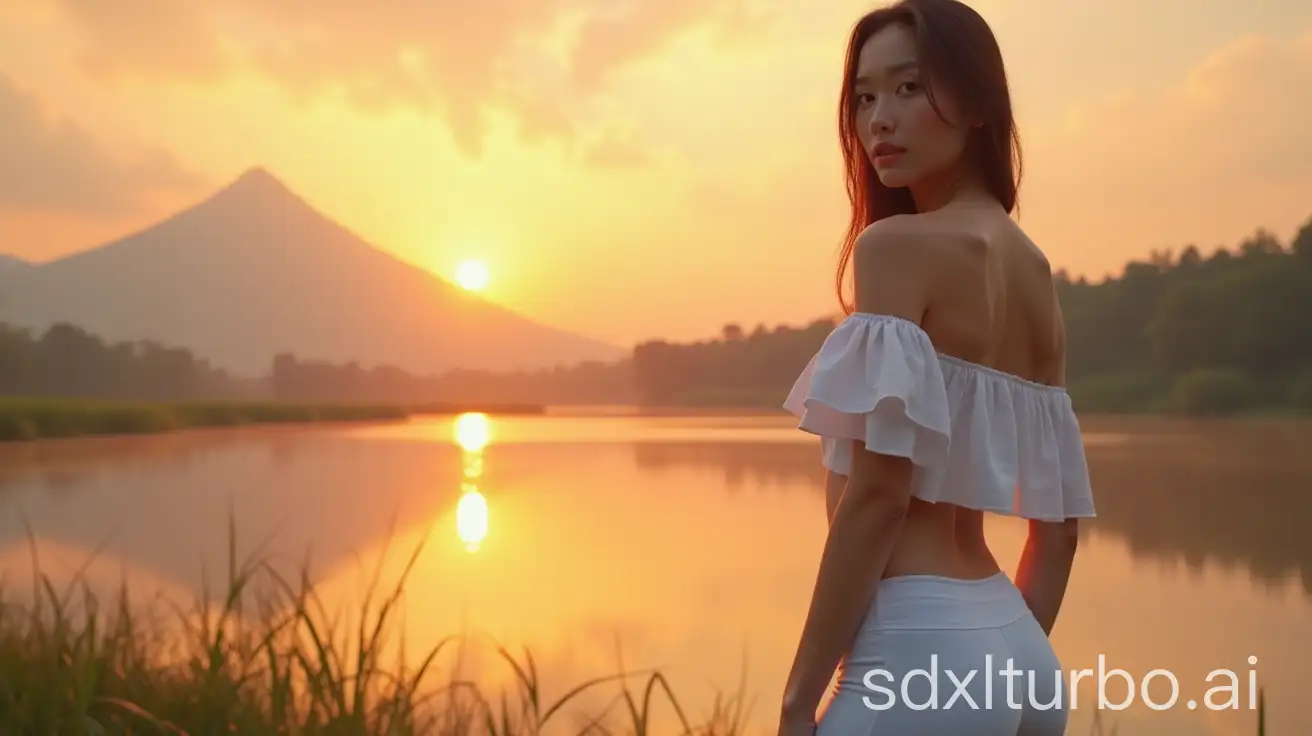 Vietnamese-Girl-Standing-by-the-Lake-at-Sunset-in-White-Yoga-Pants