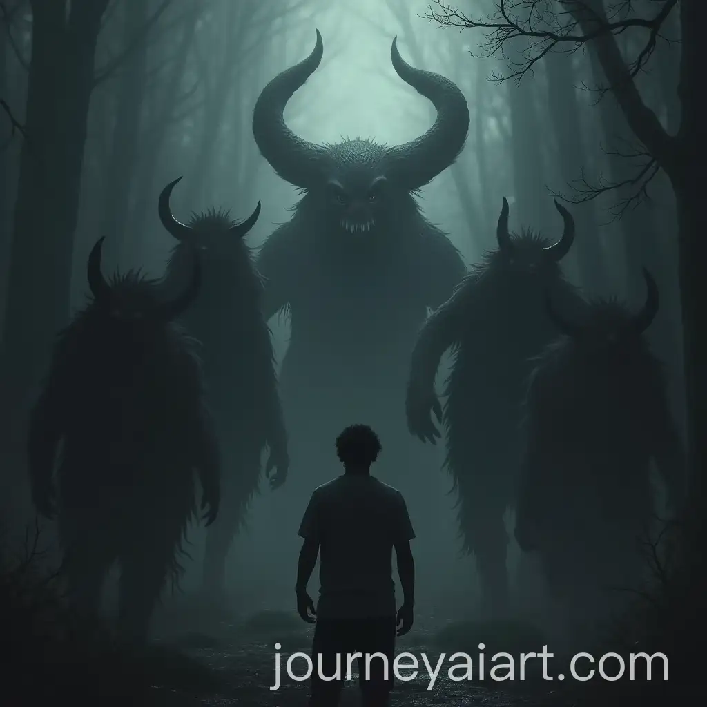 Man-Confronting-Darkness-with-Many-Monsters-Behind