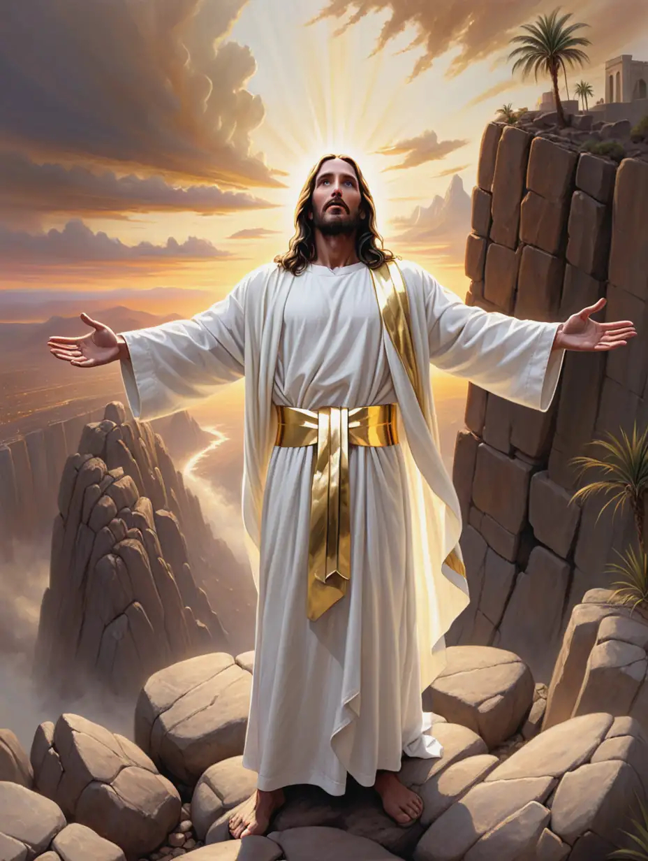 Jesus-Standing-in-Serene-Sunset-with-Outstretched-Arms-on-Rocky-Ground