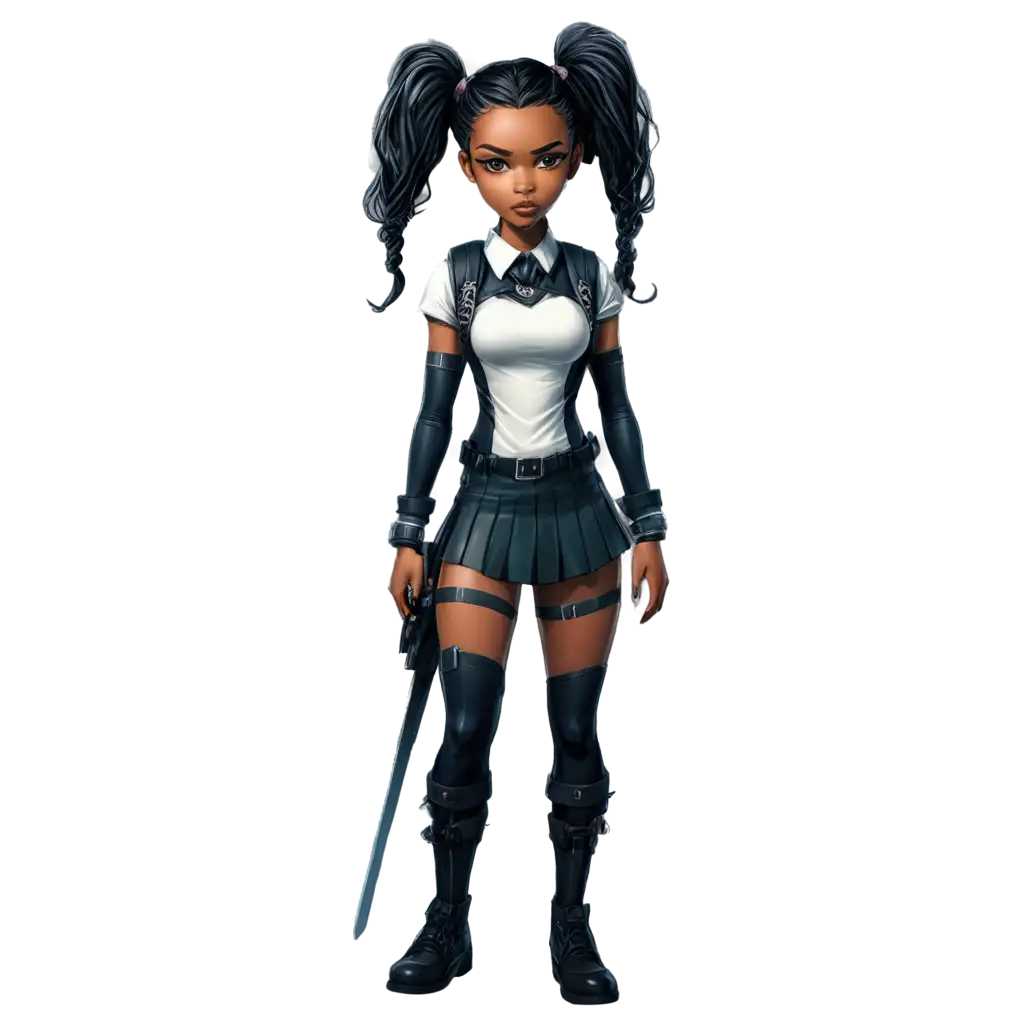 Black-Female-Assassin-with-Pigtails-Braids-and-School-Girl-Outfit-PNG-Comic-Book-Style-Artwork