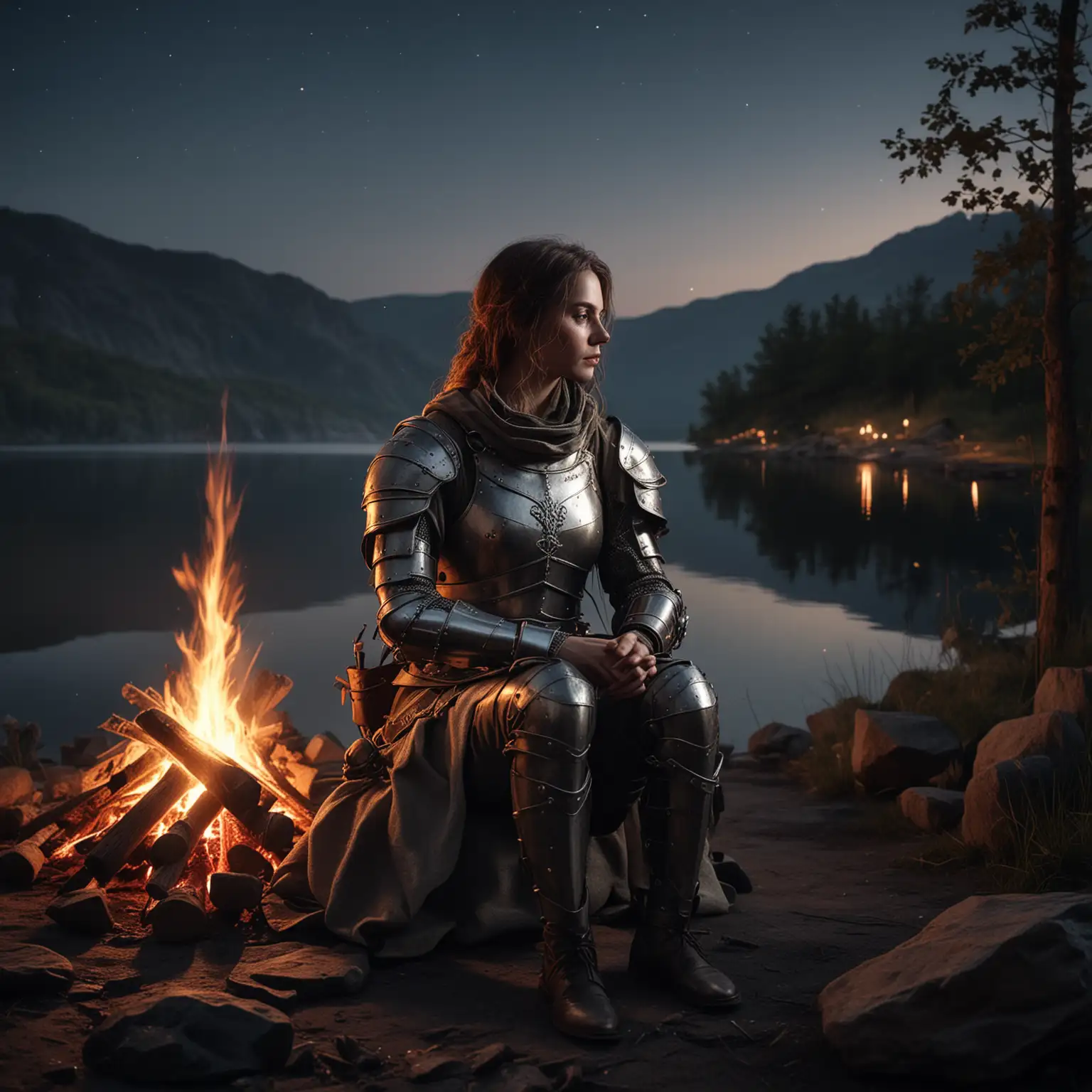 a woman in metal armor sits by a campfire, night, lake in the background, backpack nearby the campfire, medieval, realistic light