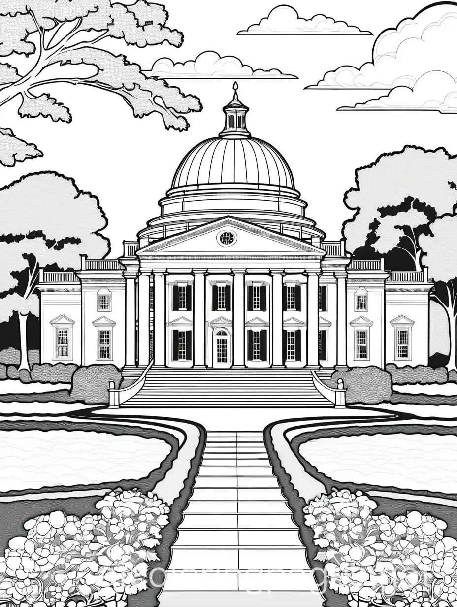 Create a black-and-white coloring page of Monticello, the historic home of Thomas Jefferson. Focus on the elegant architecture of the mansion, highlighting its distinctive dome and columns. Surround the building with lush gardens, showcasing various plants and trees that Jefferson cultivated. In the foreground, depict a few figures in colonial clothing, such as Thomas Jefferson with a book in hand and visitors exploring the grounds. Include a winding path leading to the entrance and a clear sky above. The lines should be bold and clear, making it fun and educational for children to color while learning about Jefferson's contributions to American history.