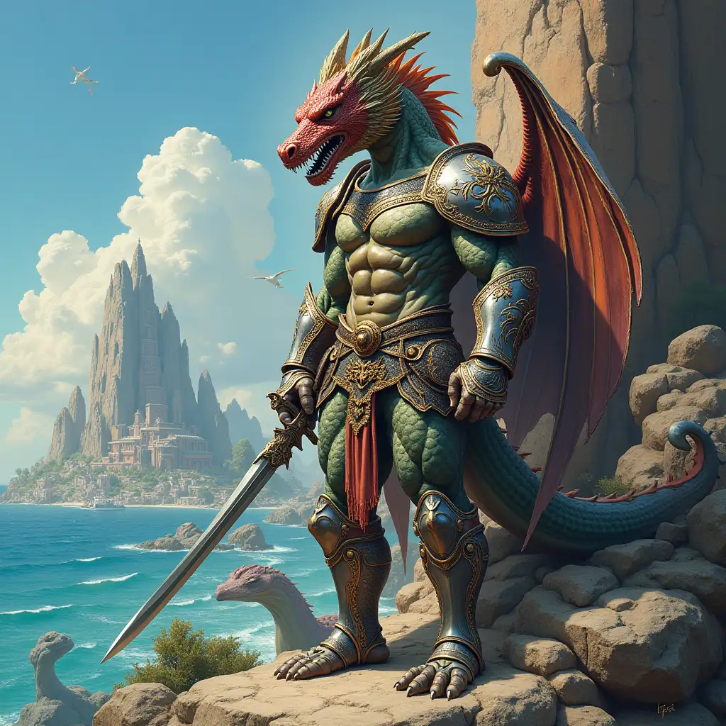 Ultradetailed hyperrealistic portrait of an armored bodybuilder with a dragon head and dragon body and ,with a sword in hand on a rock with the feet in front of a temple  with various strange creatures with intricately detailed, colorful sea,city,rocks