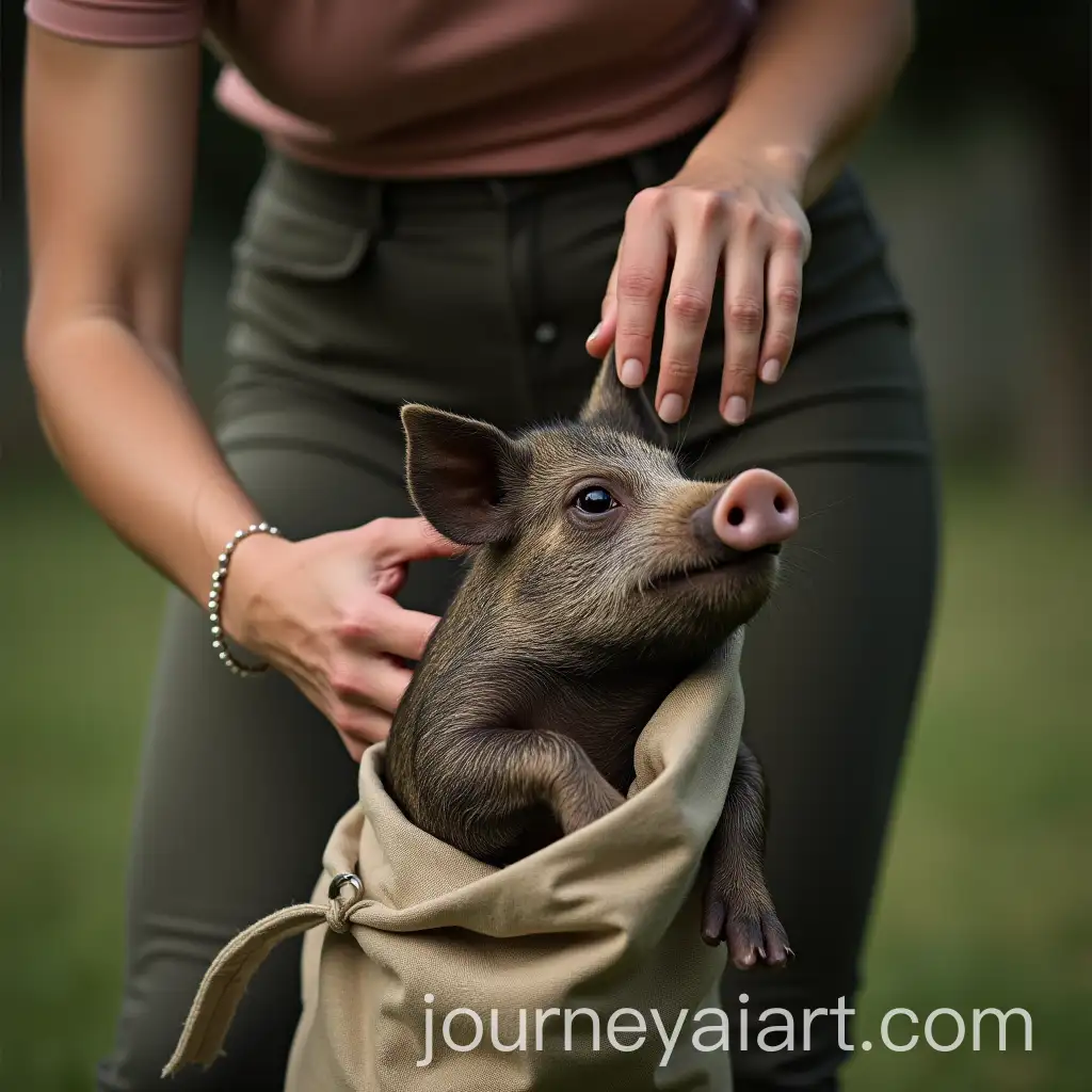 Woman-Struggling-to-Stuff-a-Wild-Pig-into-a-Cloth-Bag