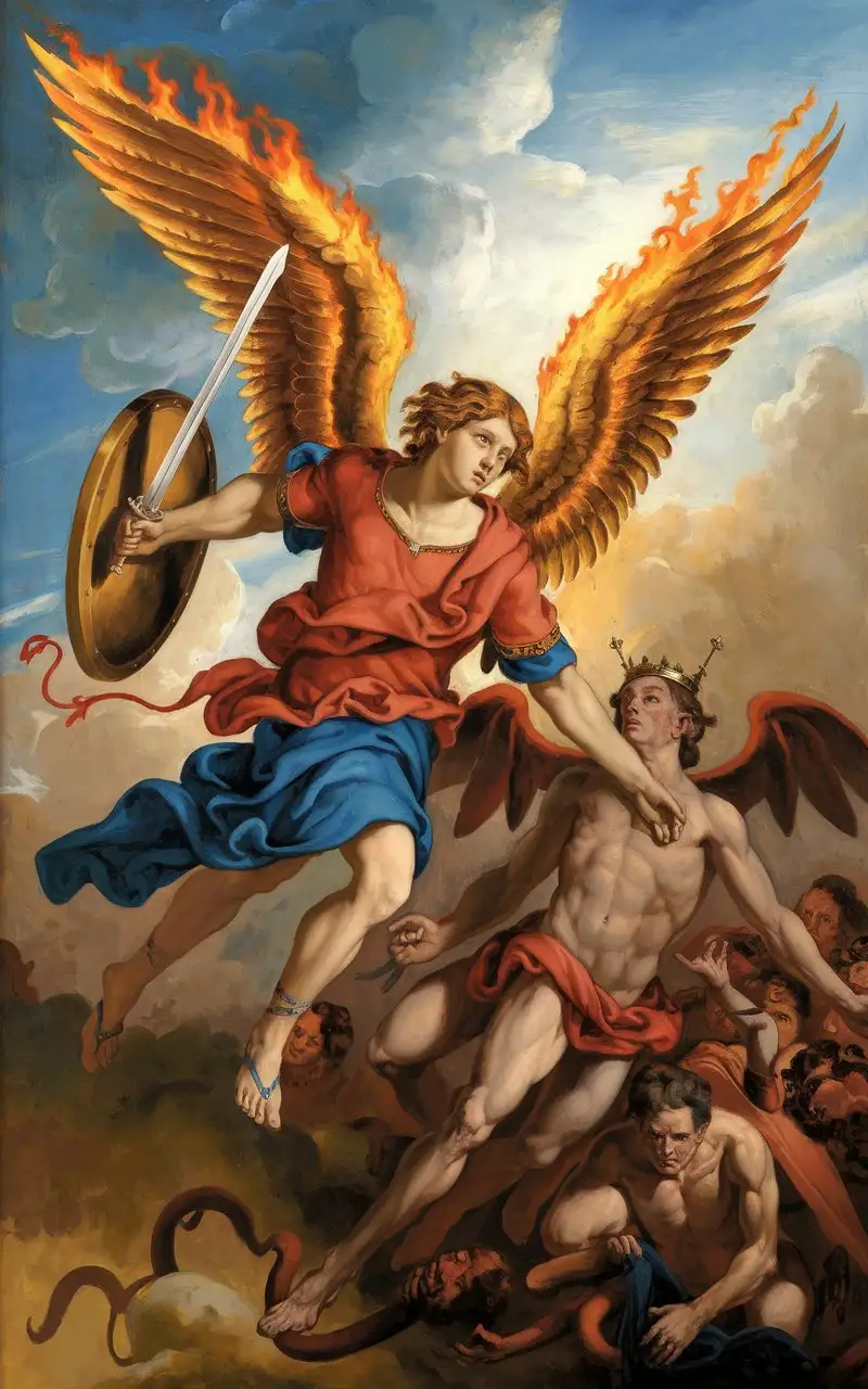 Michael the archangel suppresses Satan the fallen angel, Michael conquers the enemies of YAHWEH triumphantly, Satan is the leader of rebellious angels which are devils,