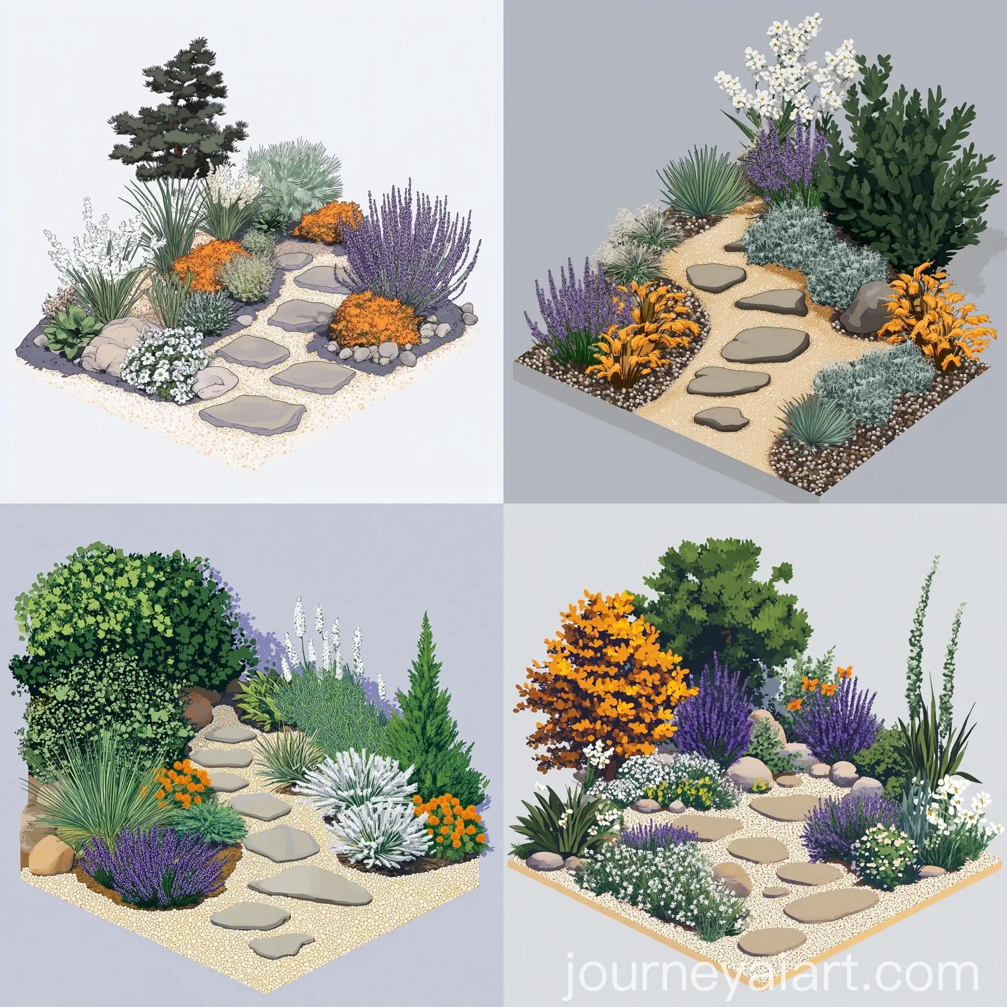 Mediterranean-Garden-with-Buxus-and-Lavender-in-Japanese-Outline-Art-Style