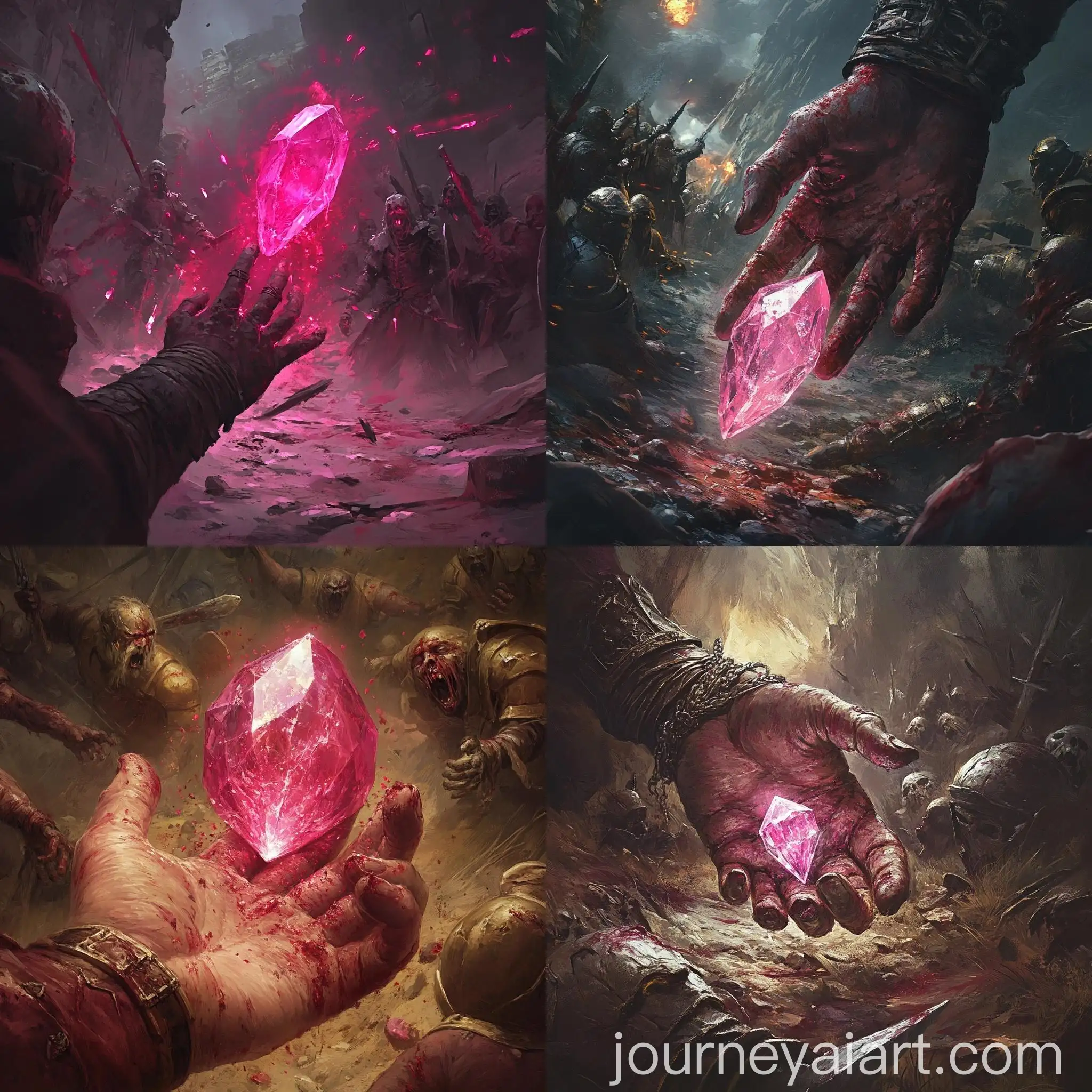 Bloody-Warrior-Stealing-Pink-Gem-Remnant-Surrounded-by-Enemies