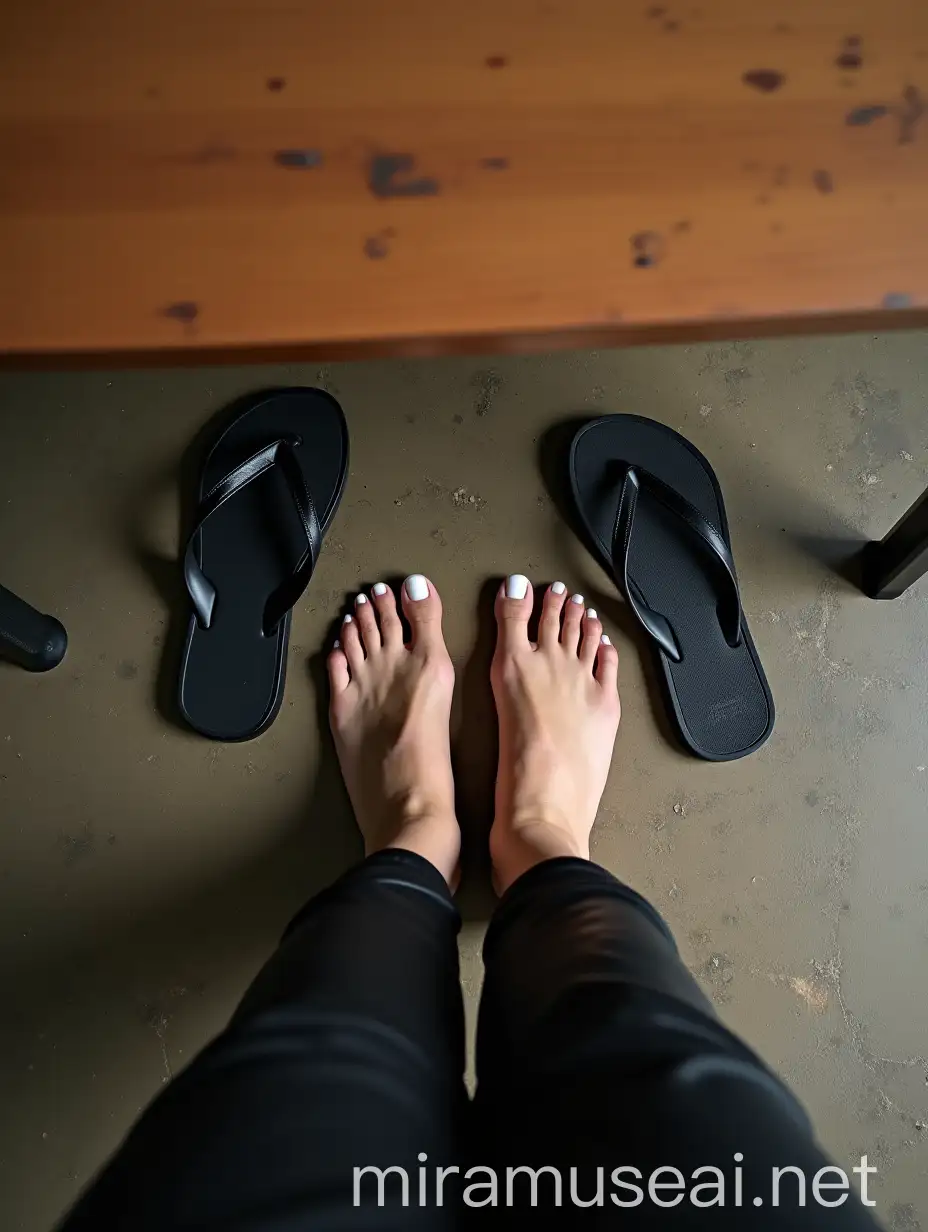 University Student Barefoot Under Desk with Black Flipflops