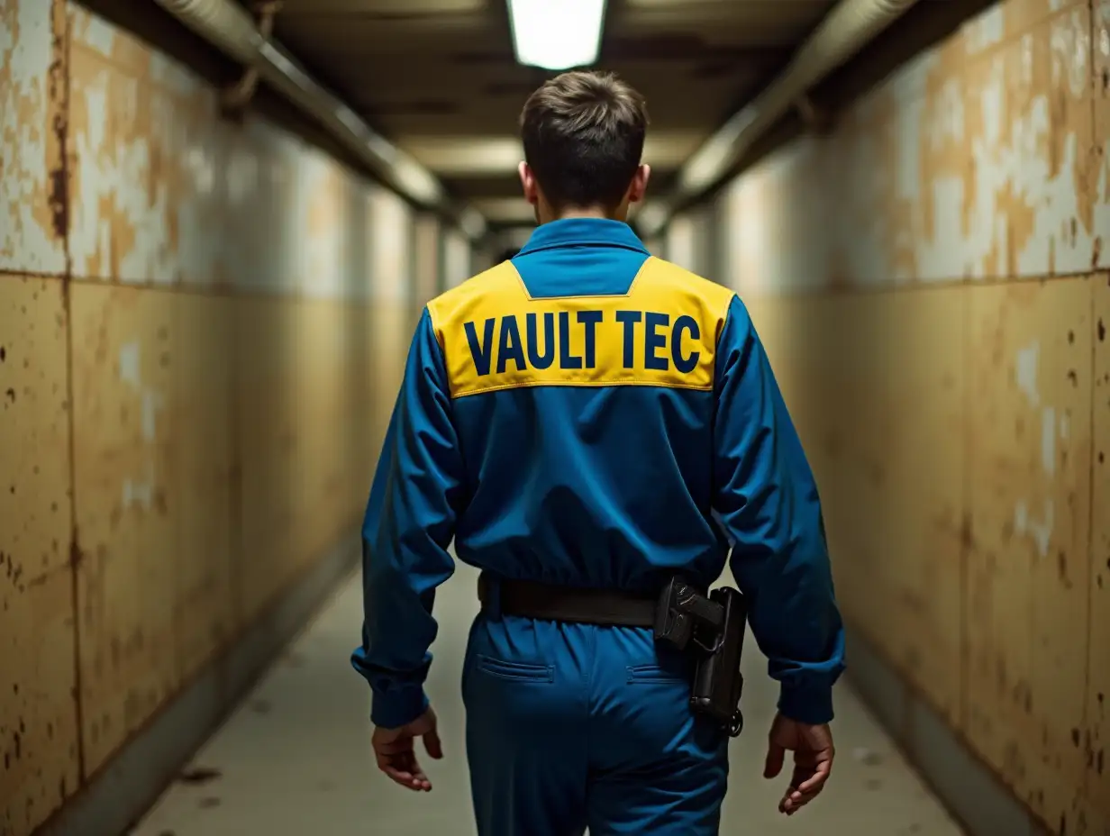 A man in a blue and yellow jumpsuit labeled “VAULT TEC” walks toward the viewer down the corridor of an underground shelter. At his hip is a holstered pistol. The walls are rusty with chunks of beige paint. White, dim lamps shine on the ceiling.