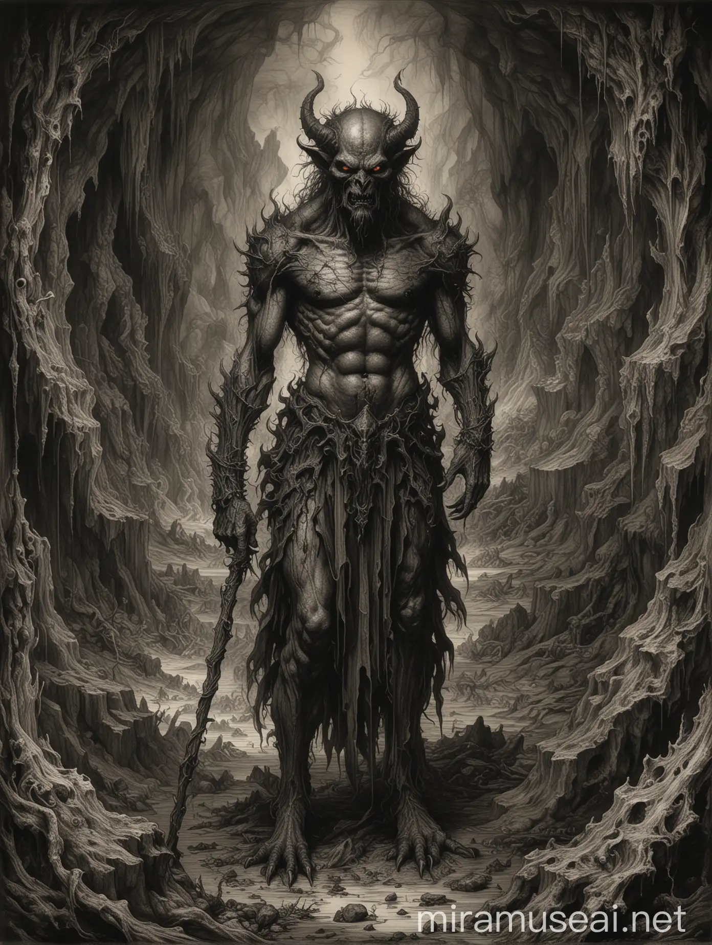 Demon in the Fiery Underworld of Hades Detailed Crosshatched Drawing