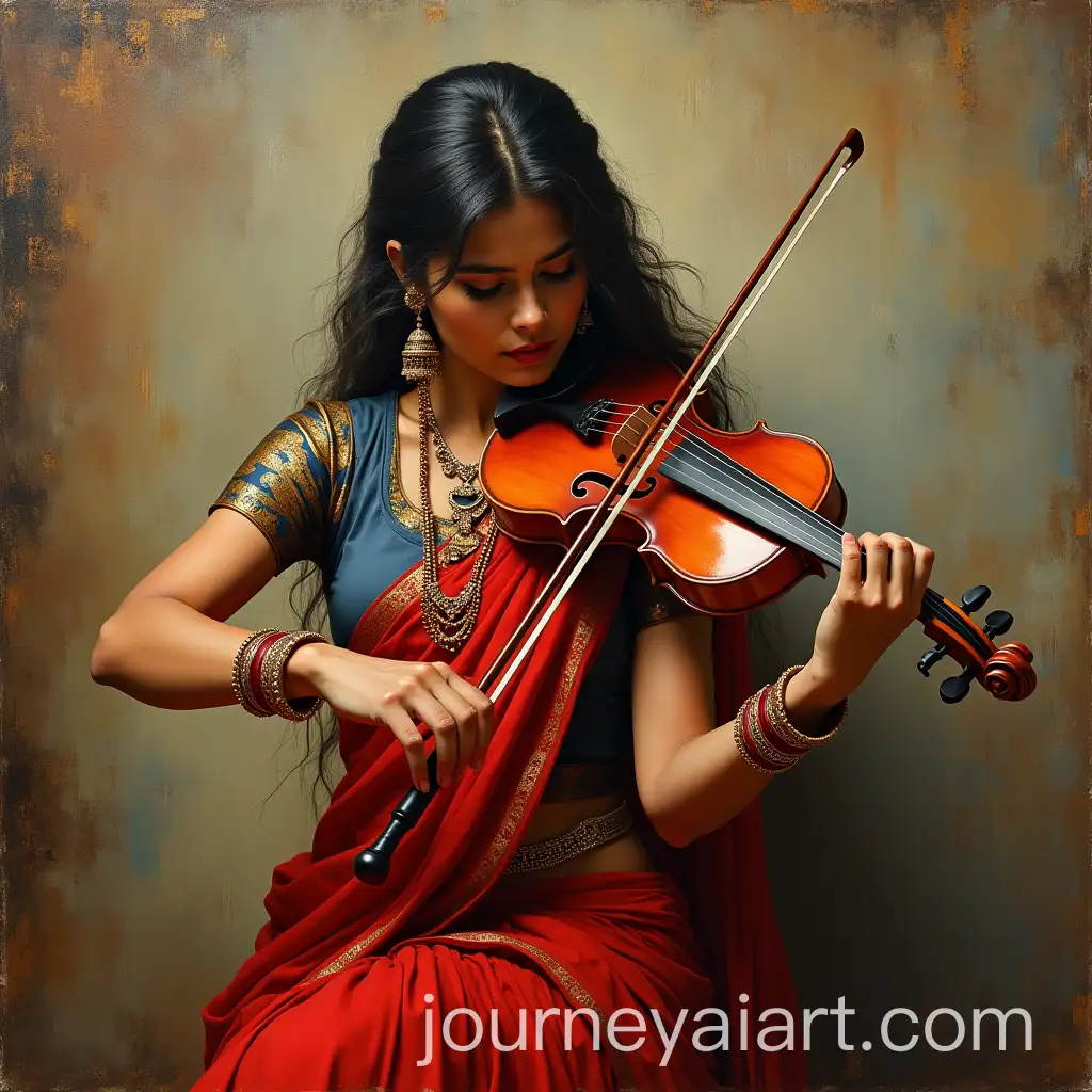 Indian-Women-Playing-Violin-Knife-Oil-Painting