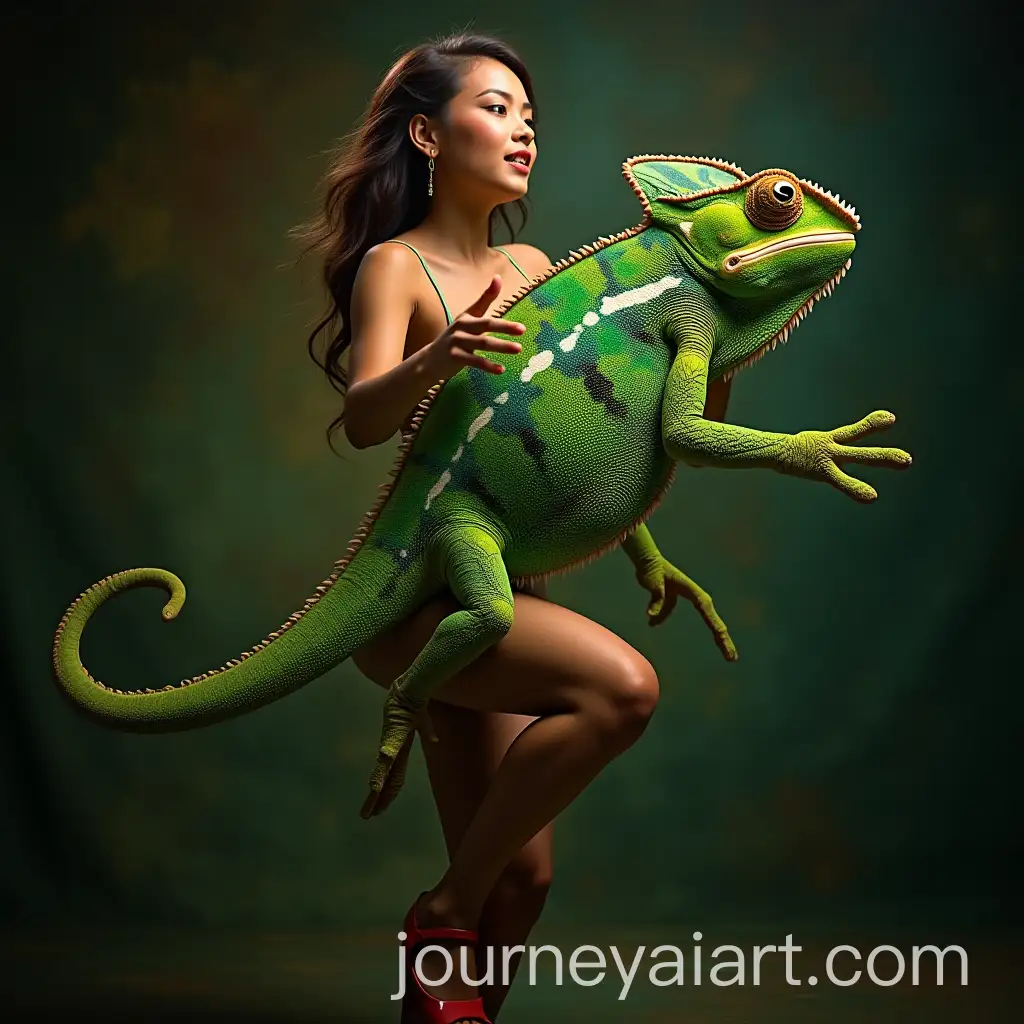 Woman-Dancing-with-a-Large-Green-Chameleon