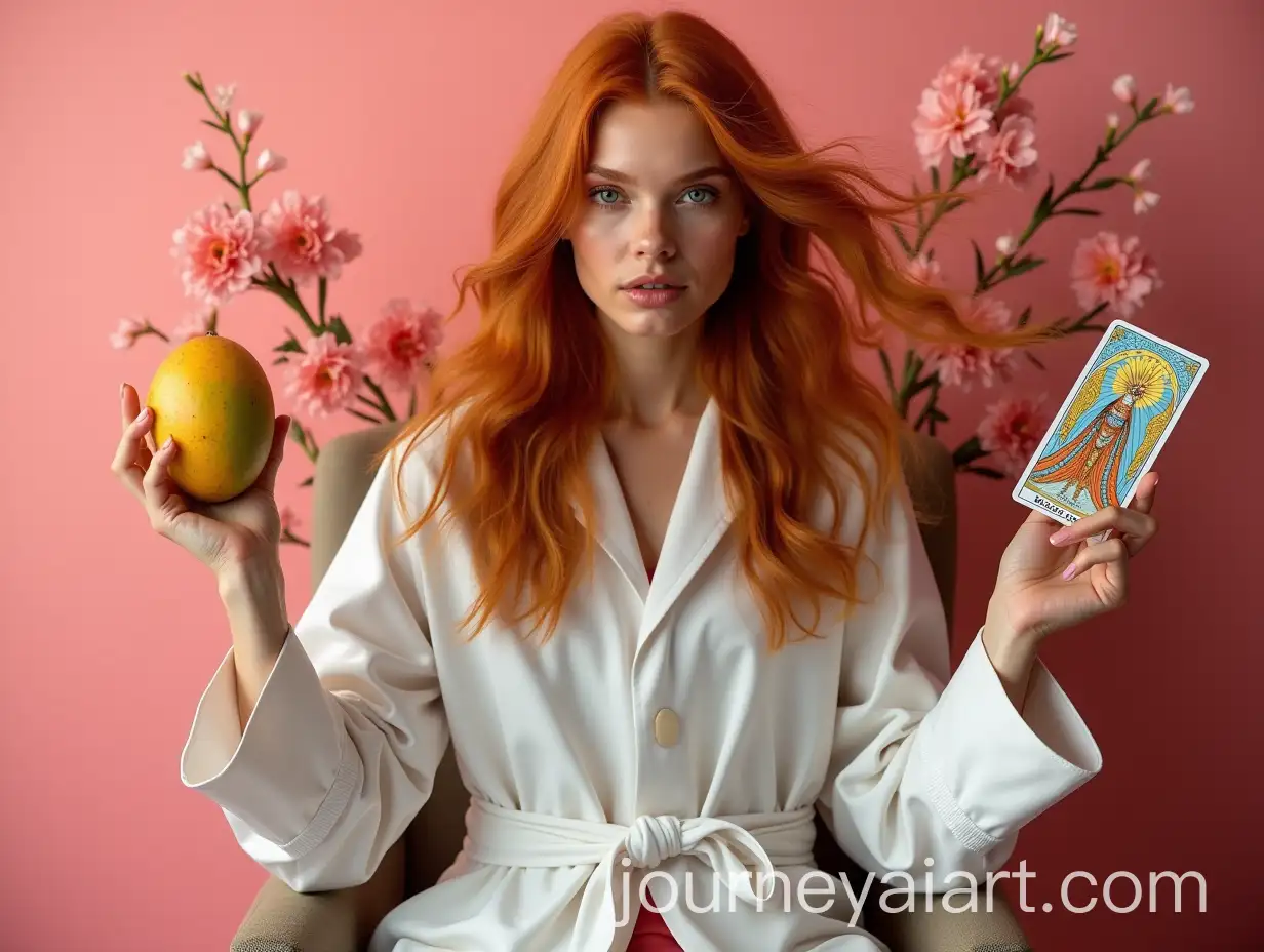 High-Fashion-Editorial-Portrait-of-Woman-with-Ginger-Hair-Tarot-Cards-and-Mango-in-Studio