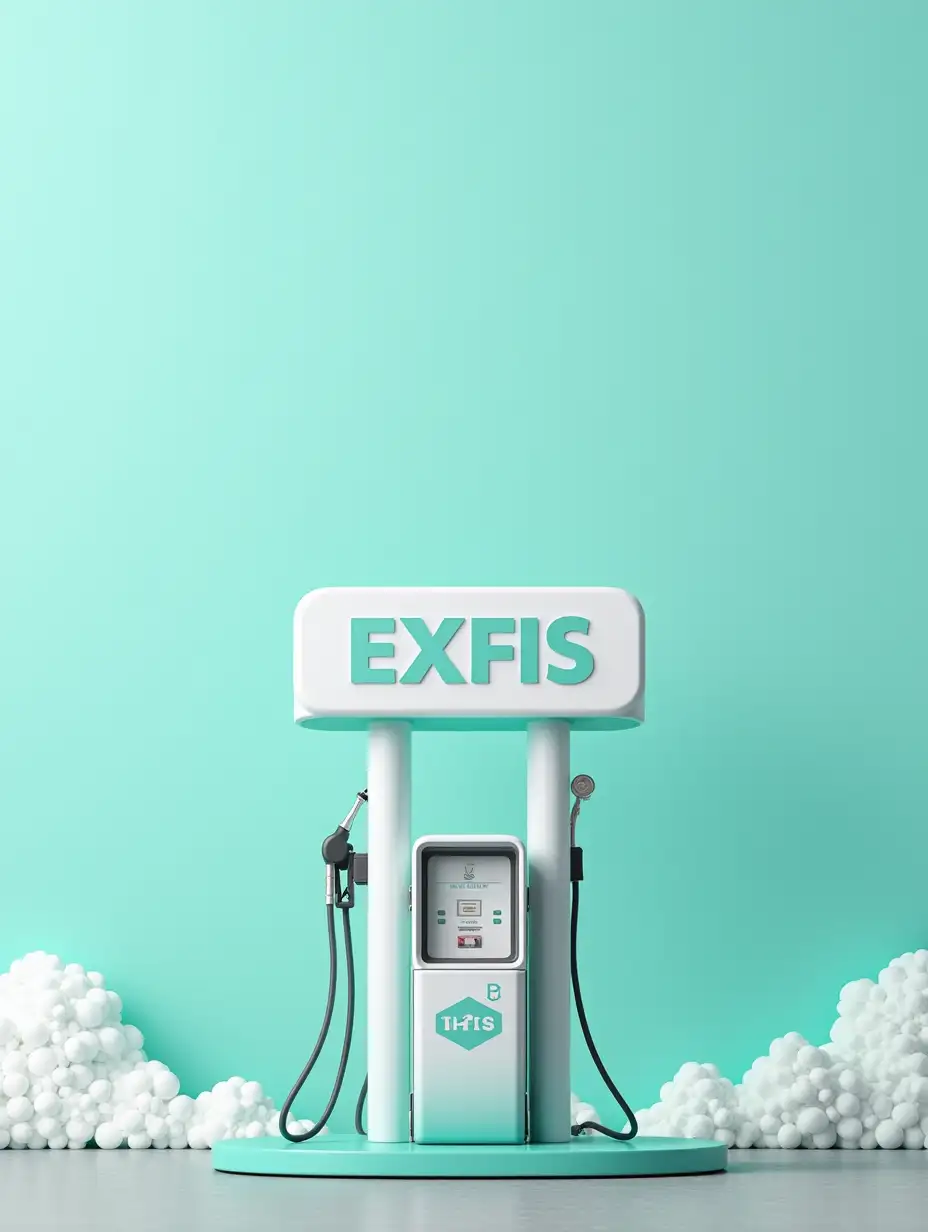 Make a gas station white and turquoise, brand logo EXFIS