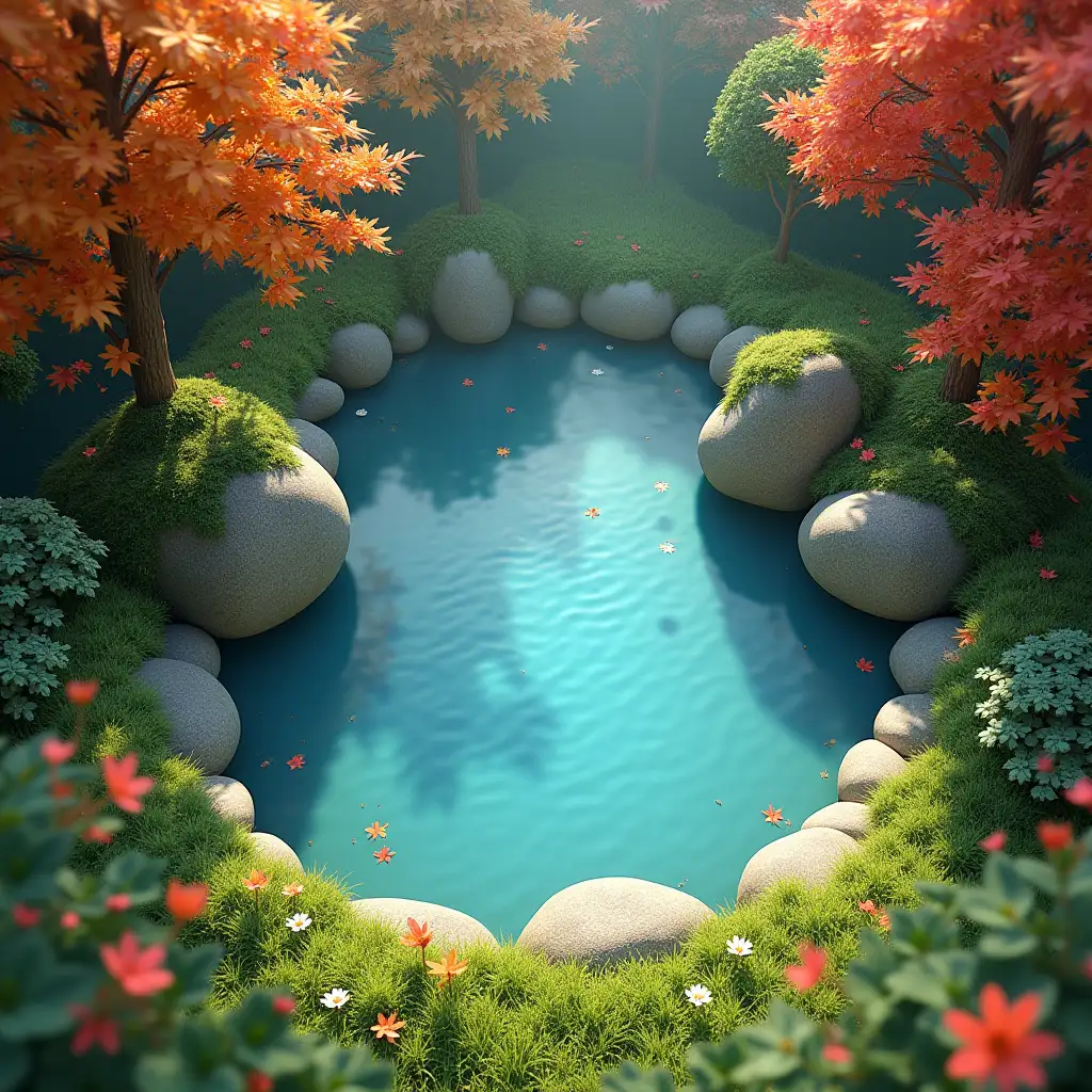 Autumn-Forest-Pool-with-Flowers-and-Greenery-in-Fantasy-Scenery