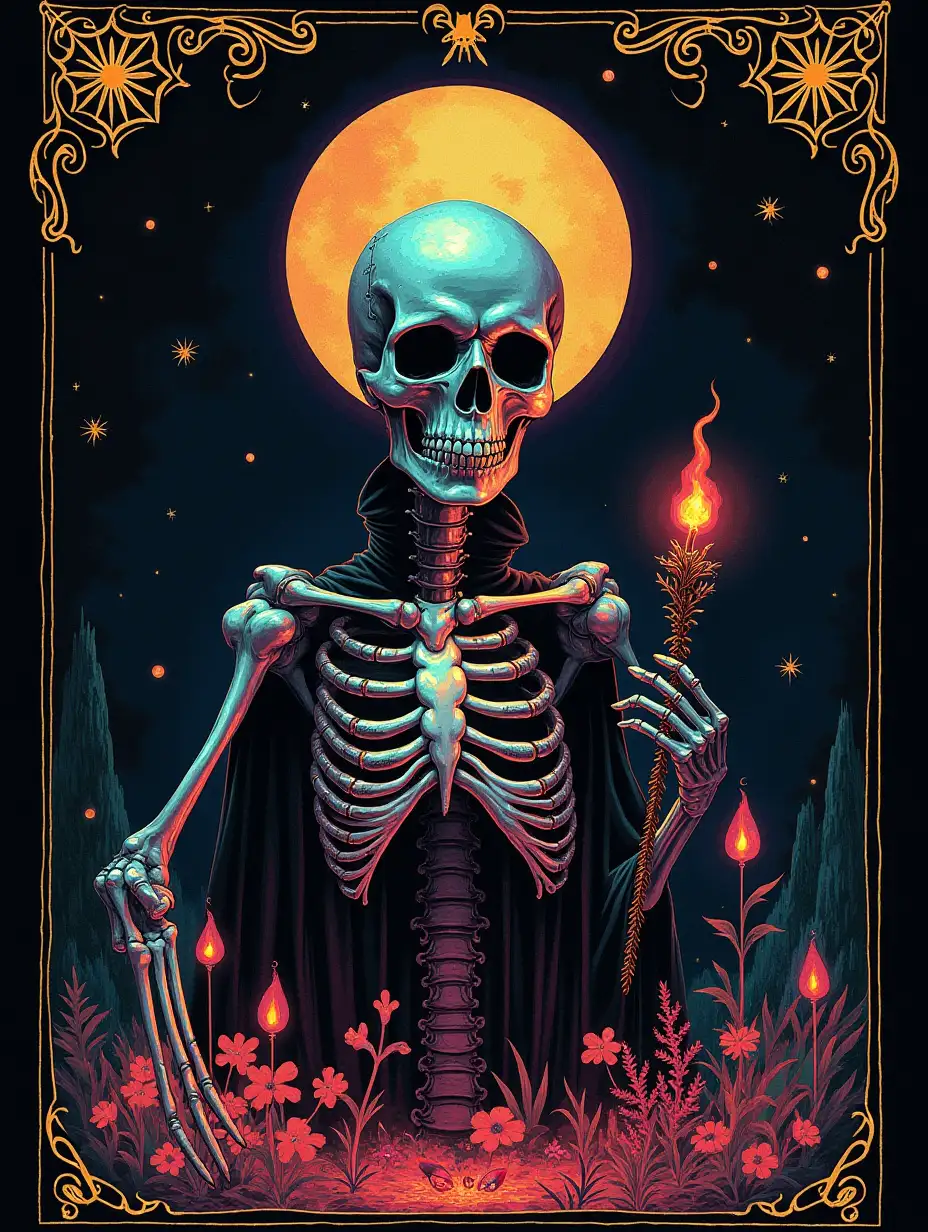 The tarot card of death macabre surreal whimsical HR Geiger style Salvador dolly style glowing iridescent beautiful hunting