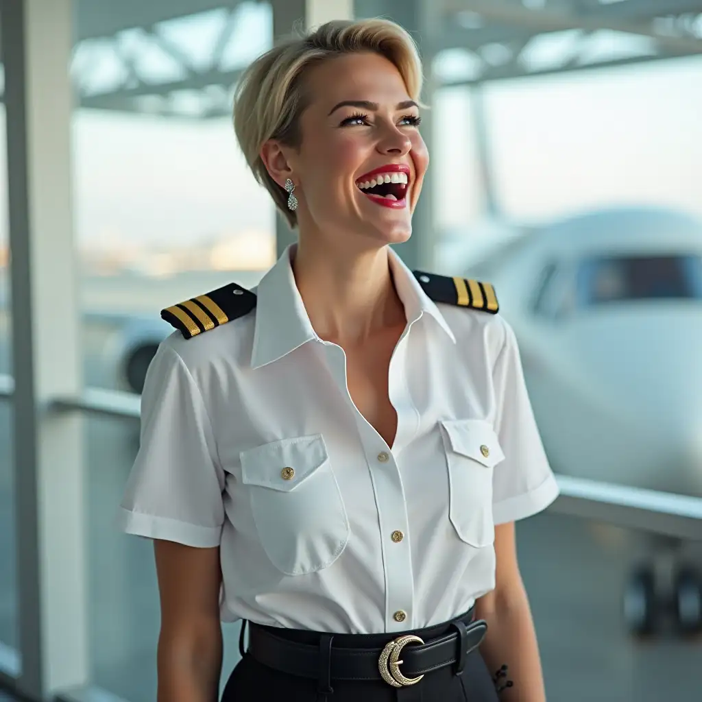 white norvegian pilot lady, in white deep-necked pilot shirt, laughing with her mouth open, red lipstick accentuating her smile,belt on waist, big wide hips, chest are fully grown, jewerly, short hair, HD, enjoying at airport , photo-realism