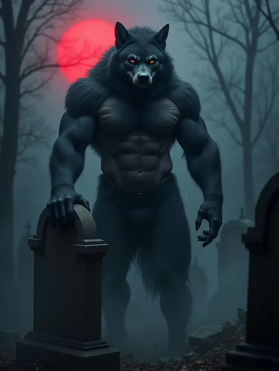 In the misty night of a ruined abbey's cemetery, a powerful werewolf stands imposingly. His body is a striking mix of silky fur and glossy black skin, muscles defined by bulging abs and impressive pecs. One paw rests on a weathered tombstone, adding to his menacing presence. The fog swirls around him, enhancing the eerie atmosphere, while the red moonlight casts a silvery glow, highlighting his fierce features. The scene is captured in stunning detail, realistic photography