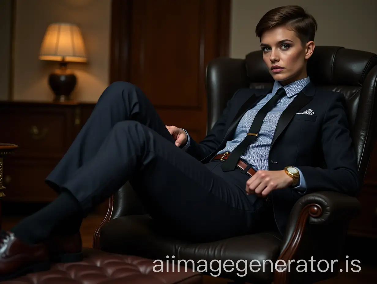 Full body shot of gorgeous and sultry female woman movie actress, very short side-parted pixie cut, reclining in office chair with feet propped up on ottoman, wearing men's Oxford shoes, man's business suit, black necktie in Windsor knot, checked blue dress shirt, pocket square, suit pants, leather belt, black socks, gold watch, sitting in office