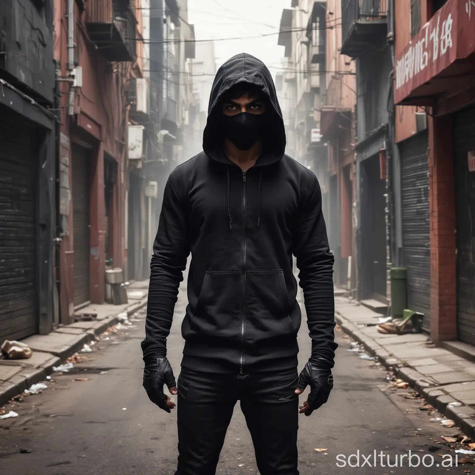 Protagonist of thriller mystery novel, Age 30, 5.7 ft height, perfect lean fighter build, expert in all forms of fighting style, standing wearing a black hoodie, padded pants, devil mask covering half of the face, killer eyes, aura like a devil in disguise, scifi lighting, indian street